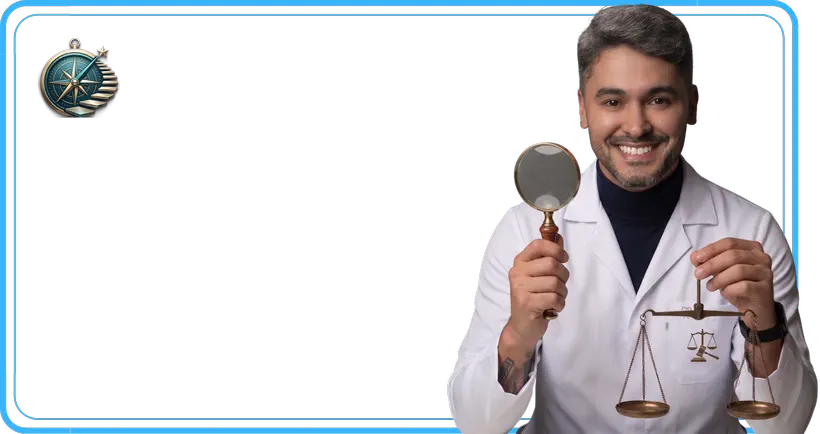 Dr. Lucas Ala de jaleco branco segurando uma lupa e uma balança da justiça